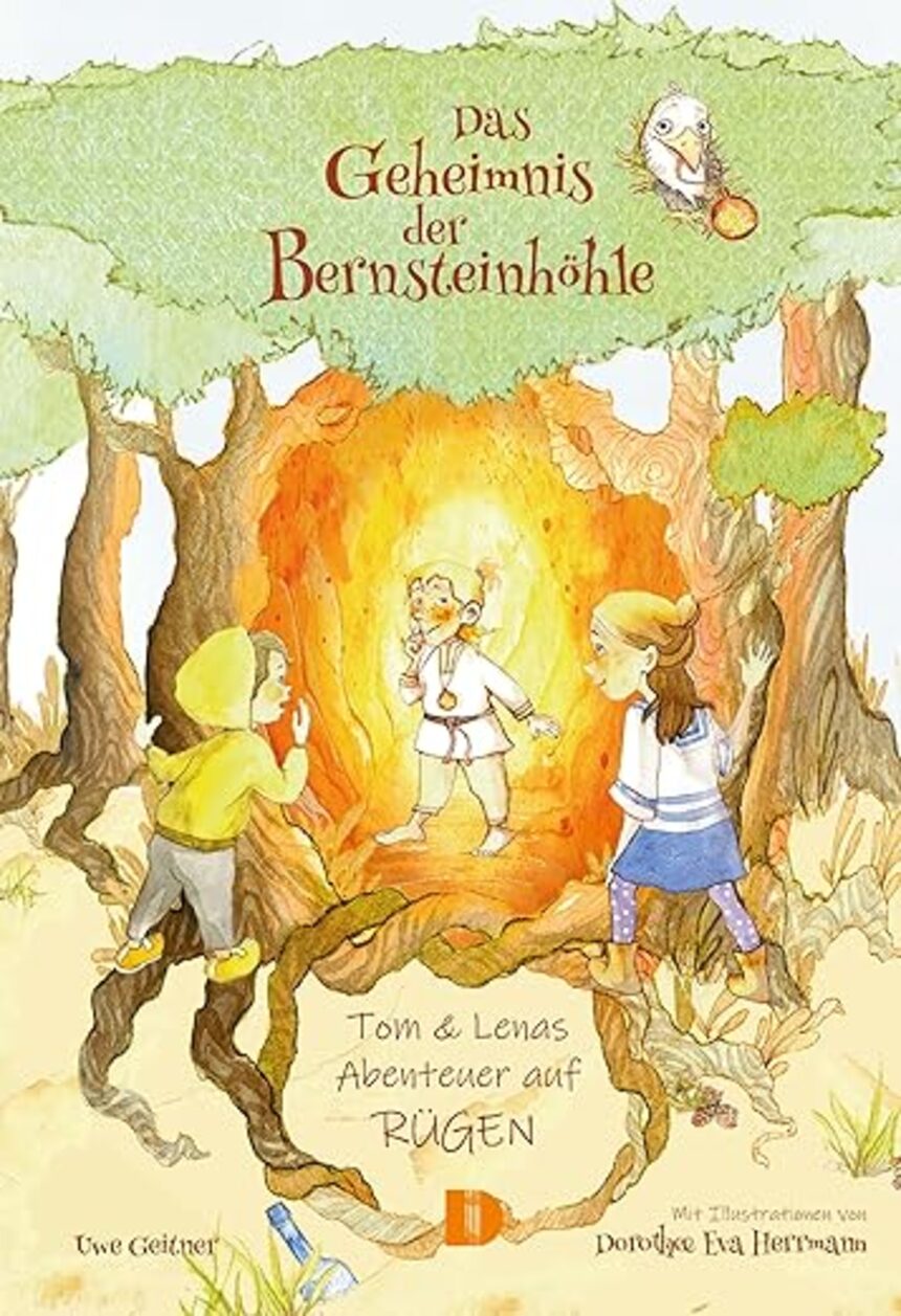 Buchcover „Das Geheimnis der Bernsteinhöhle“ – ein illustriertes Kinderbuch mit zwei Kindern an einer leuchtenden Höhle.